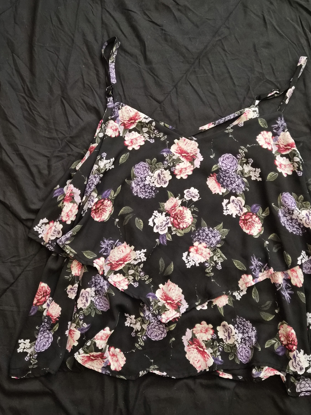 Floral Layered Cami Tank Top - Black with Pink & Purple Flowers